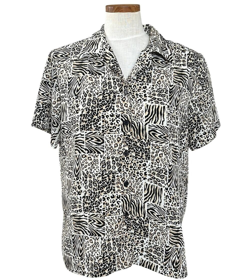 Vtg 90s Impressions Mixed Animal Print Button Down Shirt M Zebra Leopard Korea
